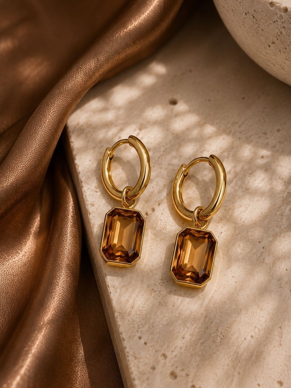 Gold Hoops with Amber Gem Drop - Picture 4 of 9